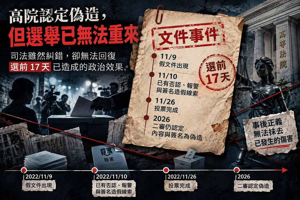 選前17天的假文件與事後司法時間線視覺圖